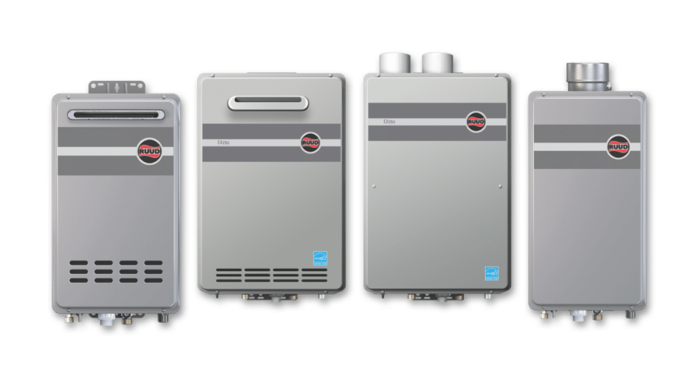 Rudd Tankless Water Heaters on clean background